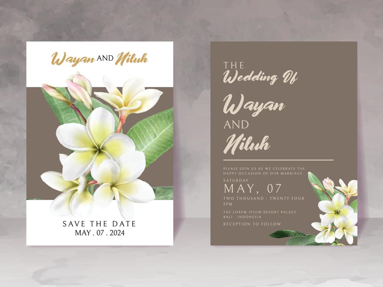 wedding invitation with beautiful watercolor of plumeria vector