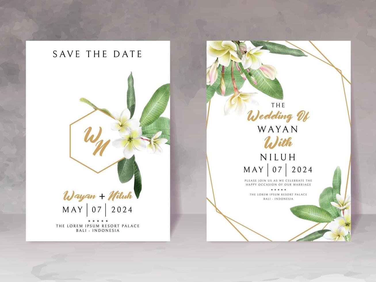 wedding invitation with beautiful watercolor of plumeria vector
