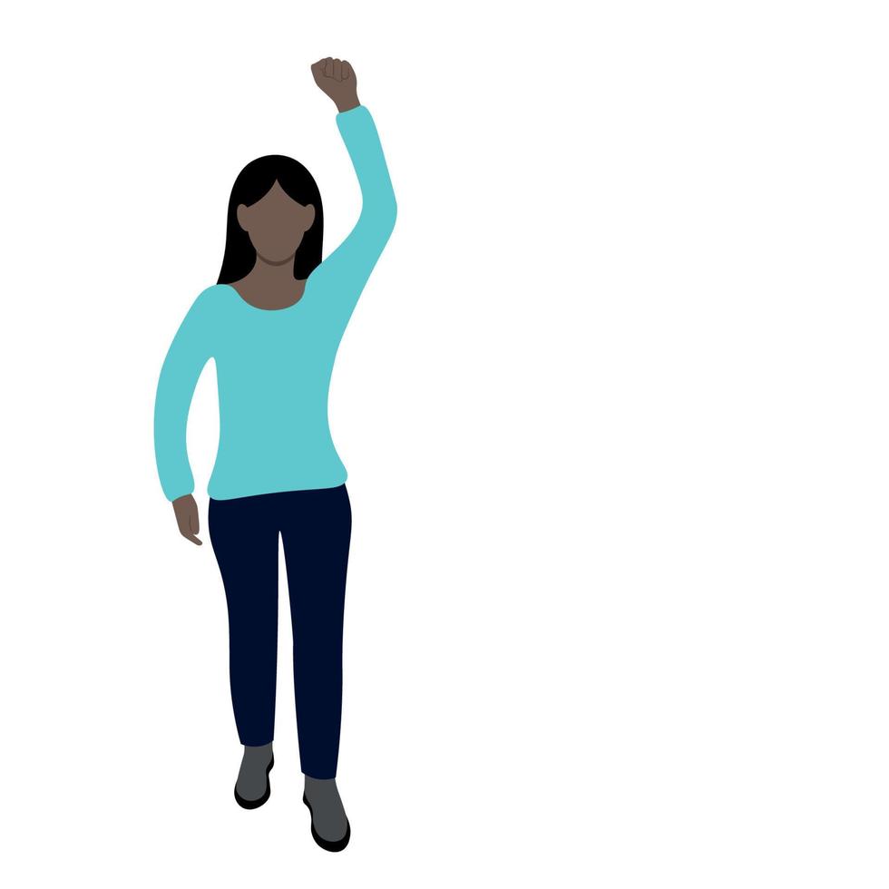 A black girl stands with her hand raised up, flat vector, isolated on white, protest, faceless illustration, negative vector