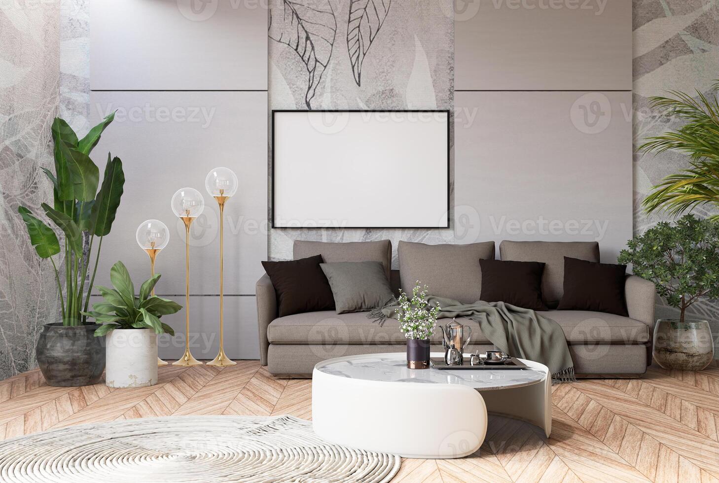 3D illustration Mockup blank photo frame in living room rendering