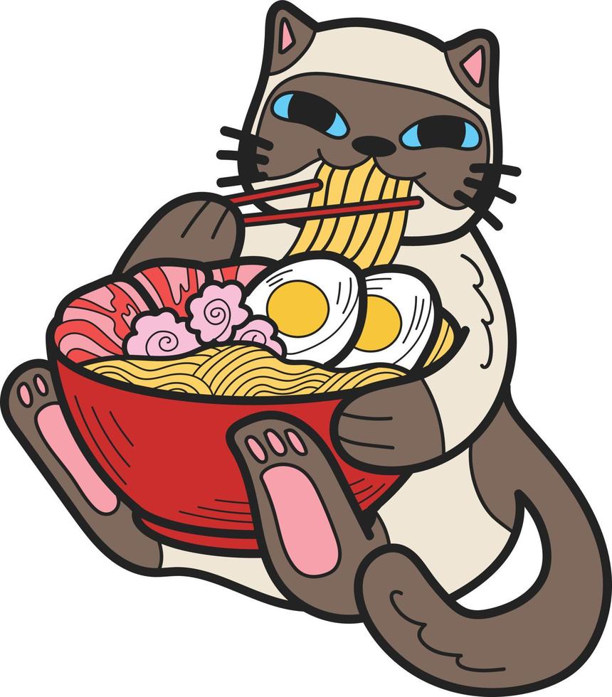 Hand Drawn cat eating noodles illustration in doodle style vector