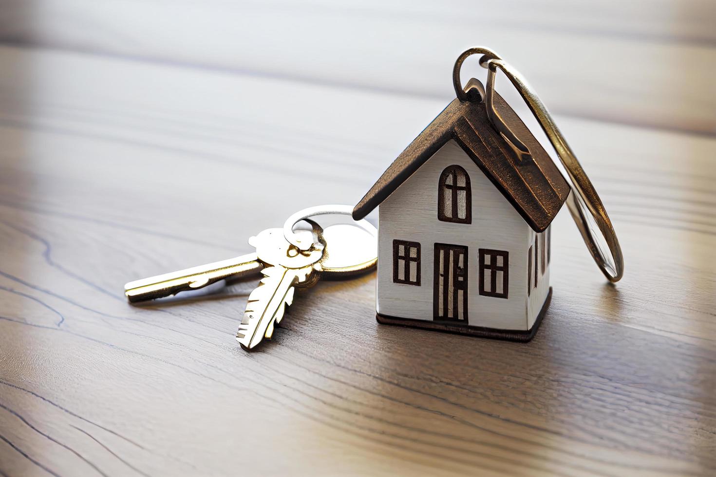 Real estate concept - Key ring and keys on white wooden background photo