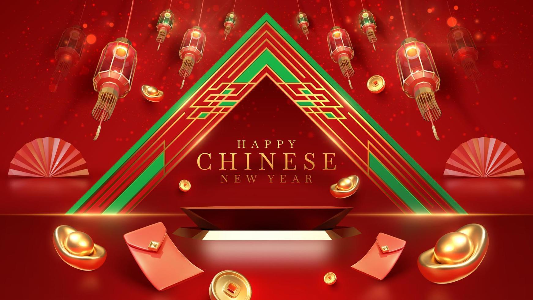 Red luxury background with product display podium element with 3d realistic chinese new year ornament and glitter light effect decoration and bokeh. Vector illustration.