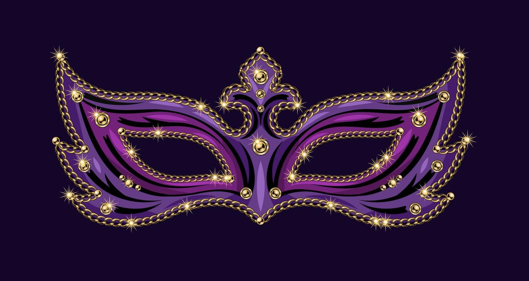 máscara púrpura de carnaval decorada con cuentas, cadenas doradas. ilustración detallada en estilo vintage vector