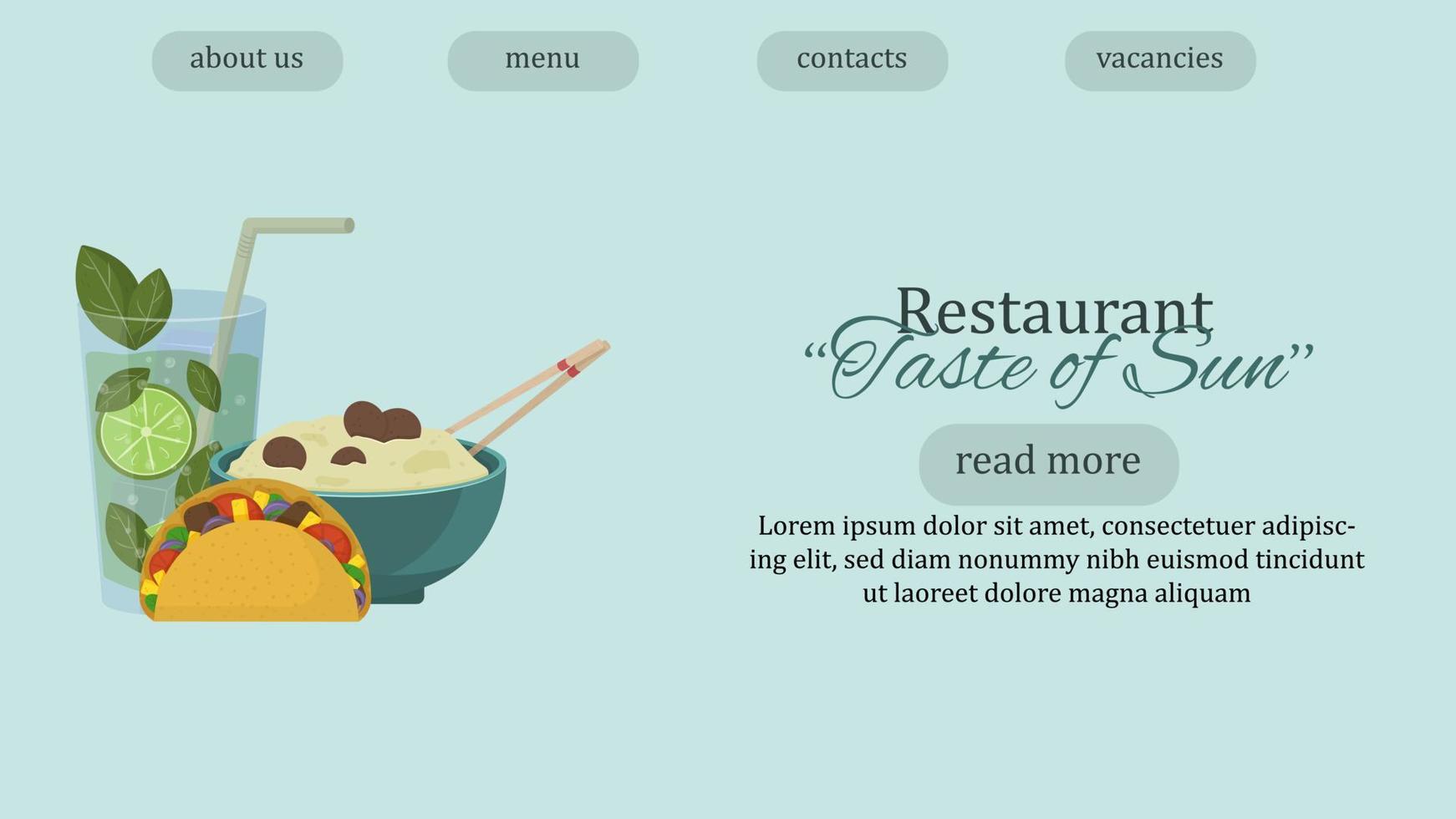 Asian and Latin American cuisine restaurant web page template. Illustration with mojito, tacos and rice with meatballs vector