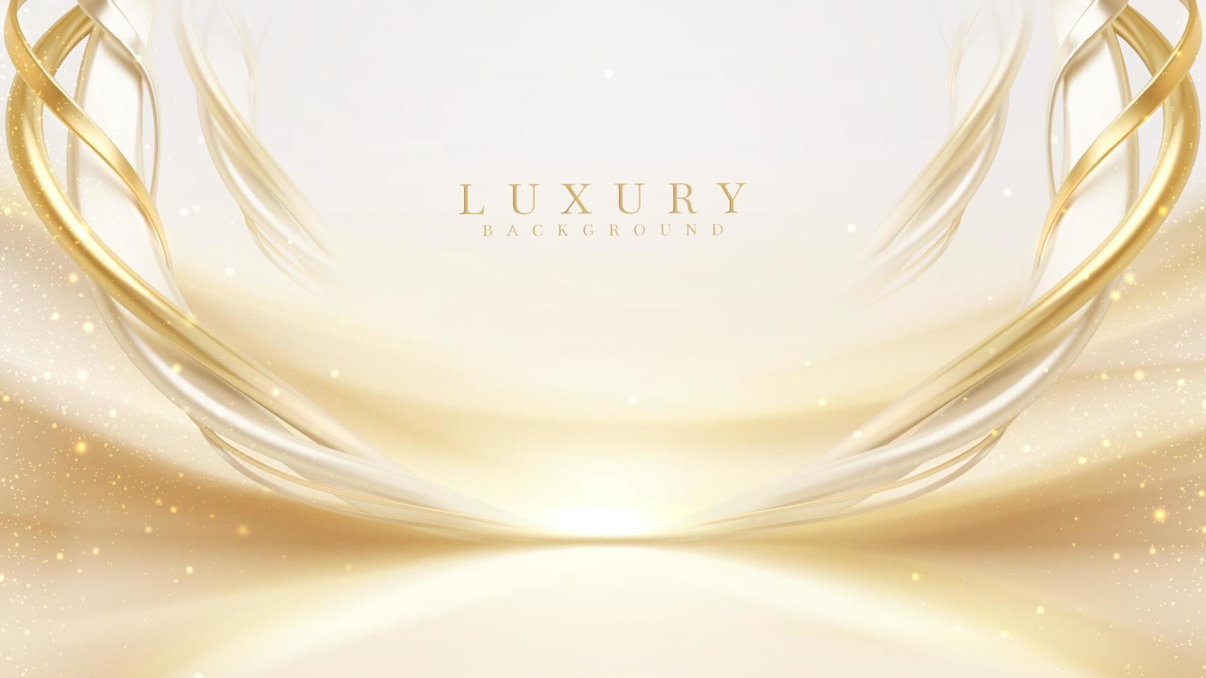 Luxury cream color background with golden line elements and curve light effect decoration and bokeh. vector