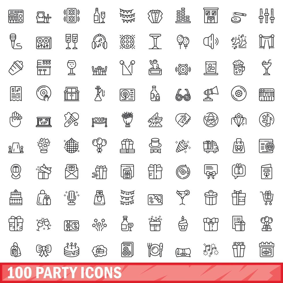 100 party icons set, outline style vector