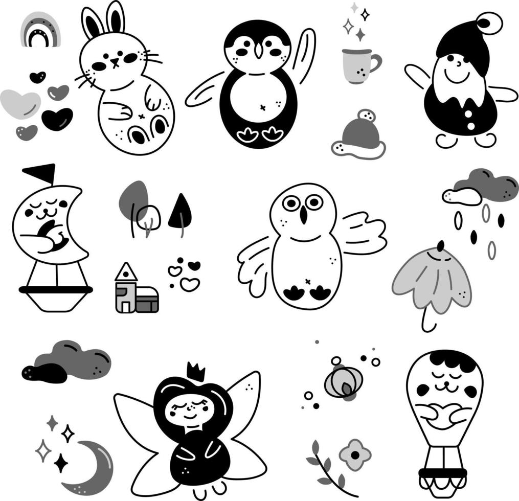 Characters and elements doodle set2. 12 cute elements and 7 cute characters. Cartoon white and black vector illustration.