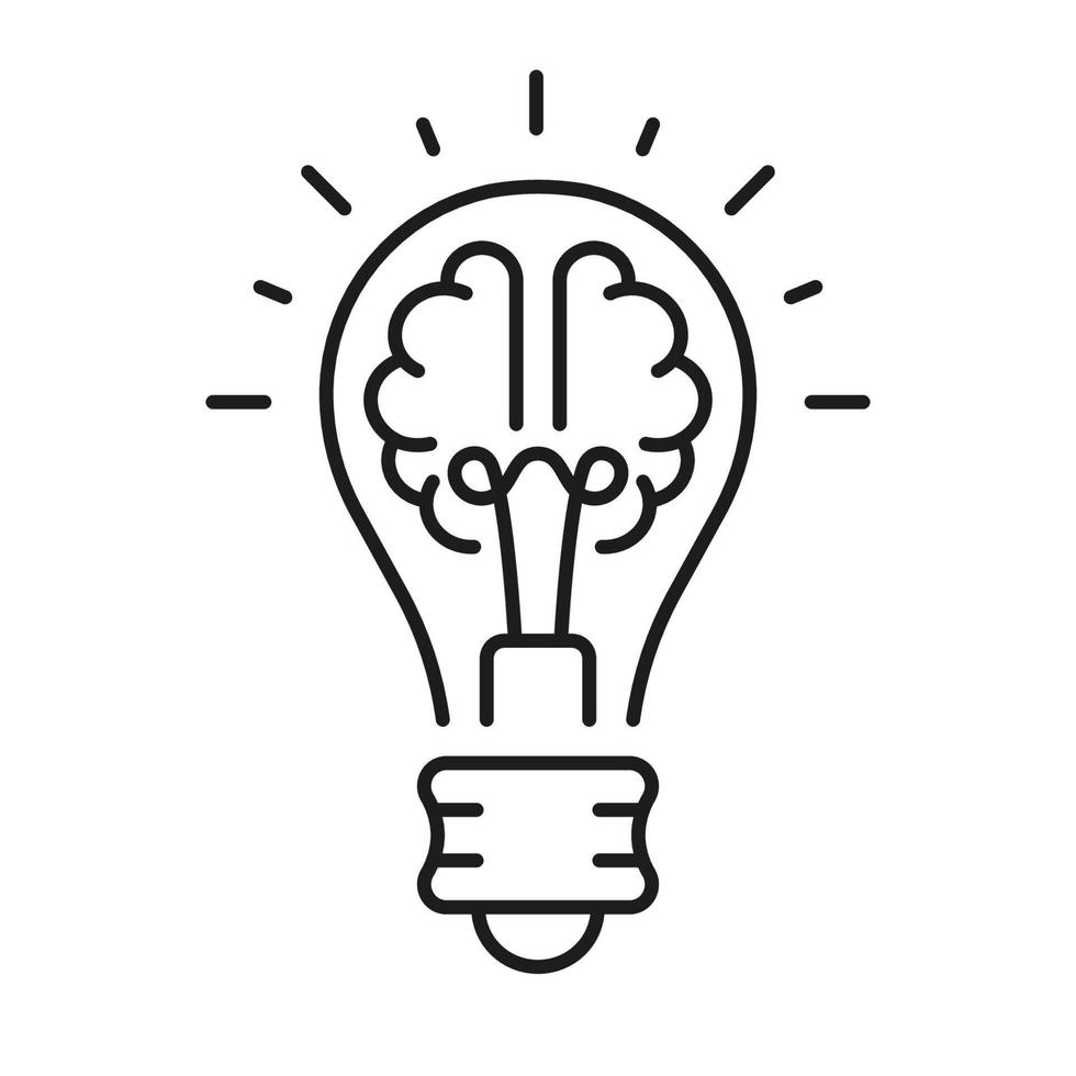 inspiración de bombilla, conocimiento, símbolo lineal de solución inteligente. signo de esquema de innovación. icono de línea de concepto de idea creativa de cerebro humano y bombilla. trazo editable. ilustración vectorial aislada. vector