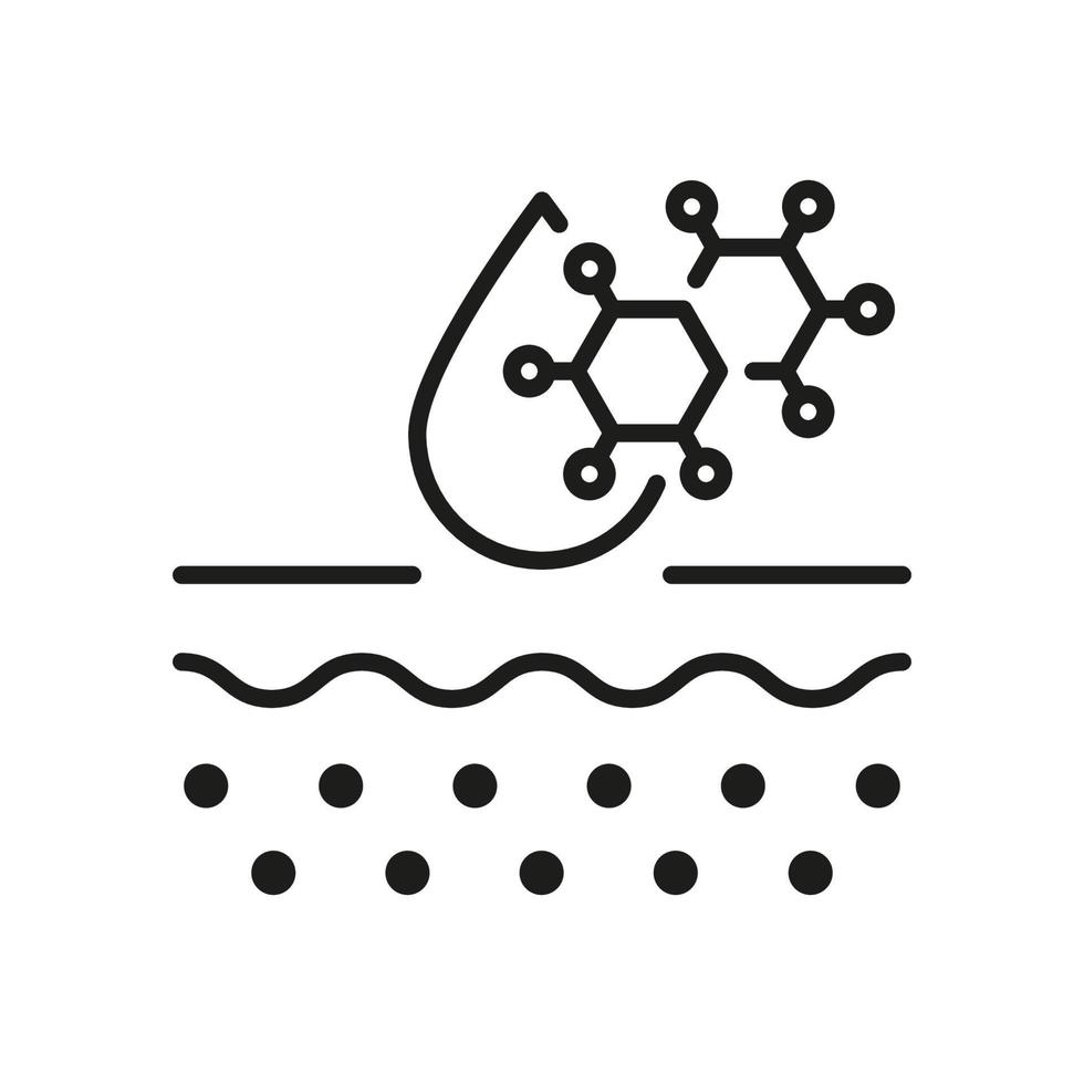 Chemical Cosmetic for Skincare Linear Pictogram. Dermatology, Cosmetology Ingredient Outline Icon. Hyaluronic Acid Molecule on Skin Structure Line Icon. Editable Stroke. Isolated Vector Illustration.