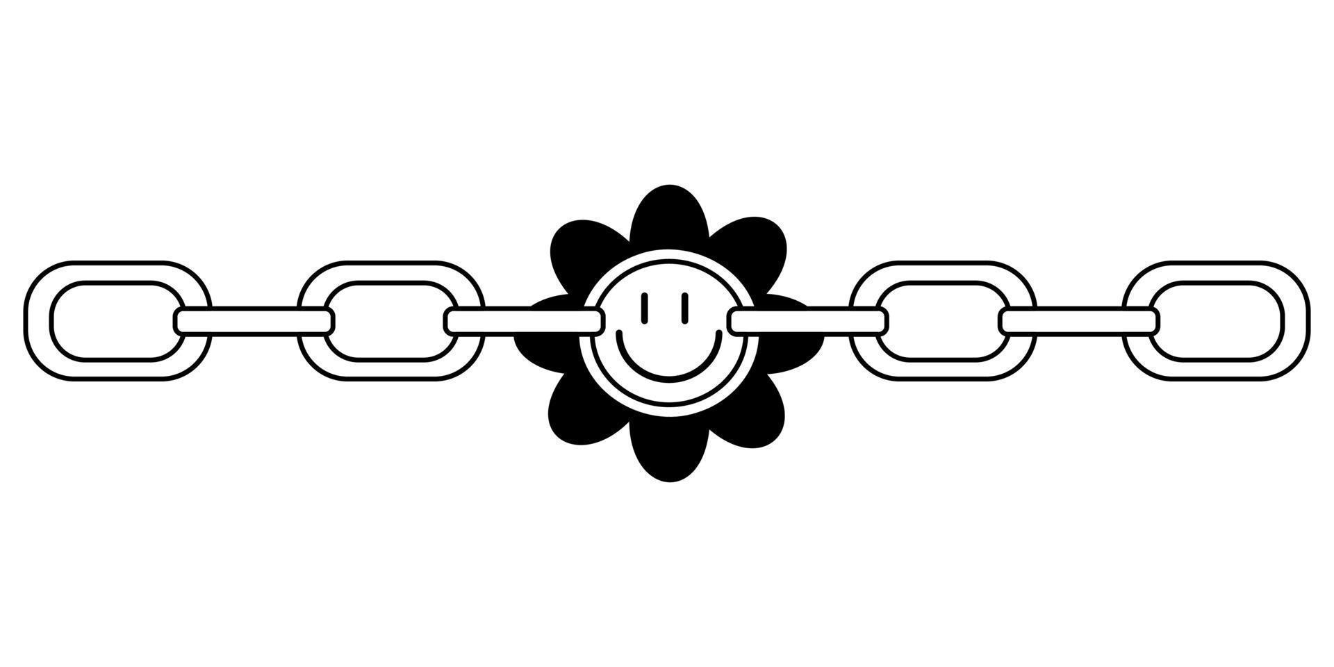 Tattoo chain with a flower in the style of the 90s, 2000s. Black and white single object illustration. vector