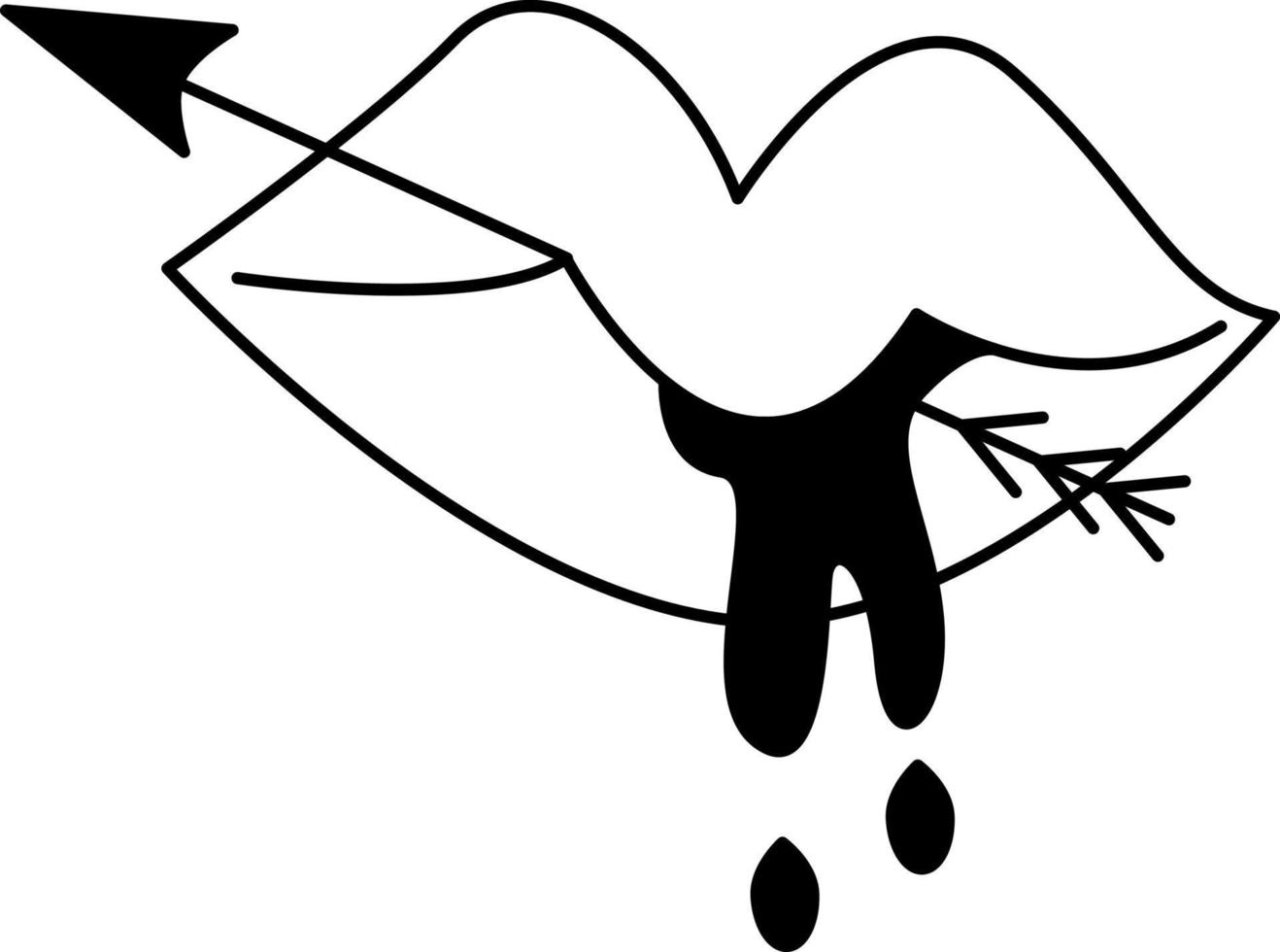 Tattoo lips with arrow in the style of the 90s, 2000s. Black and white single object illustration. vector