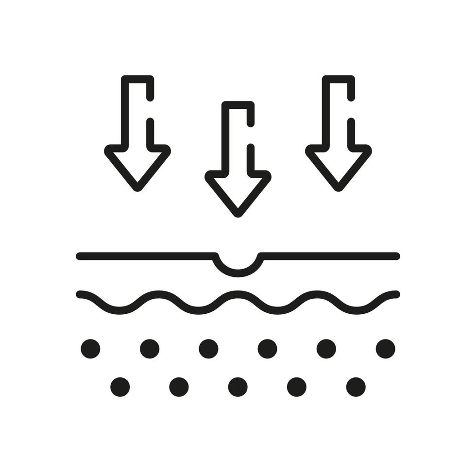 icono de la línea de absorción de la piel. flecha hacia abajo hasta el icono de contorno de la capa de piel. concepto de nutrición de la piel. penetración de los rayos uv en el pictograma lineal de la piel. trazo editable. ilustración vectorial aislada. vector