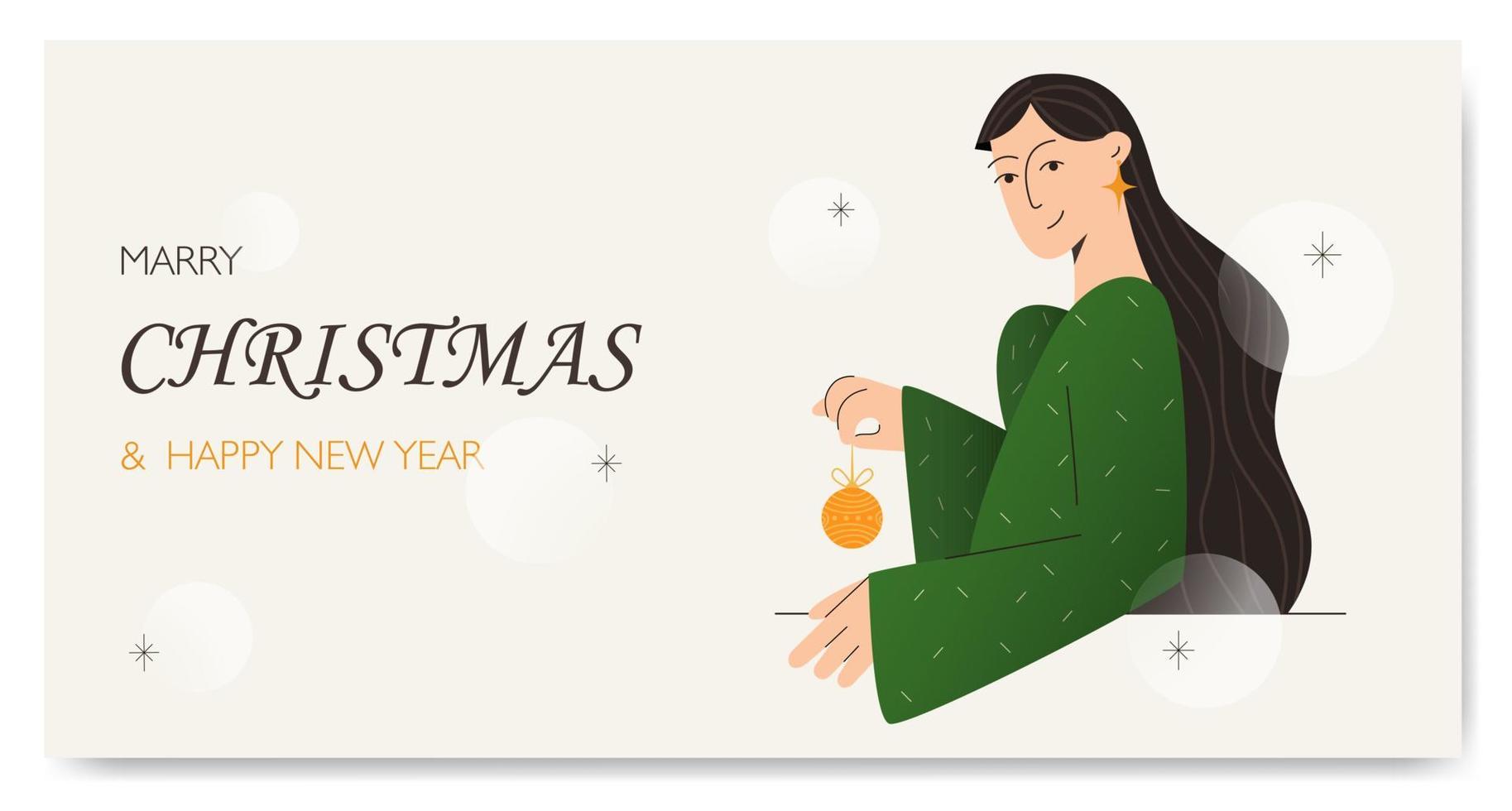 banner de celebración de navidad con ilustración de mujer joven. recuerdos de vacaciones. diseño vectorial de postal. volante decorativo con ilustración creativa. vector