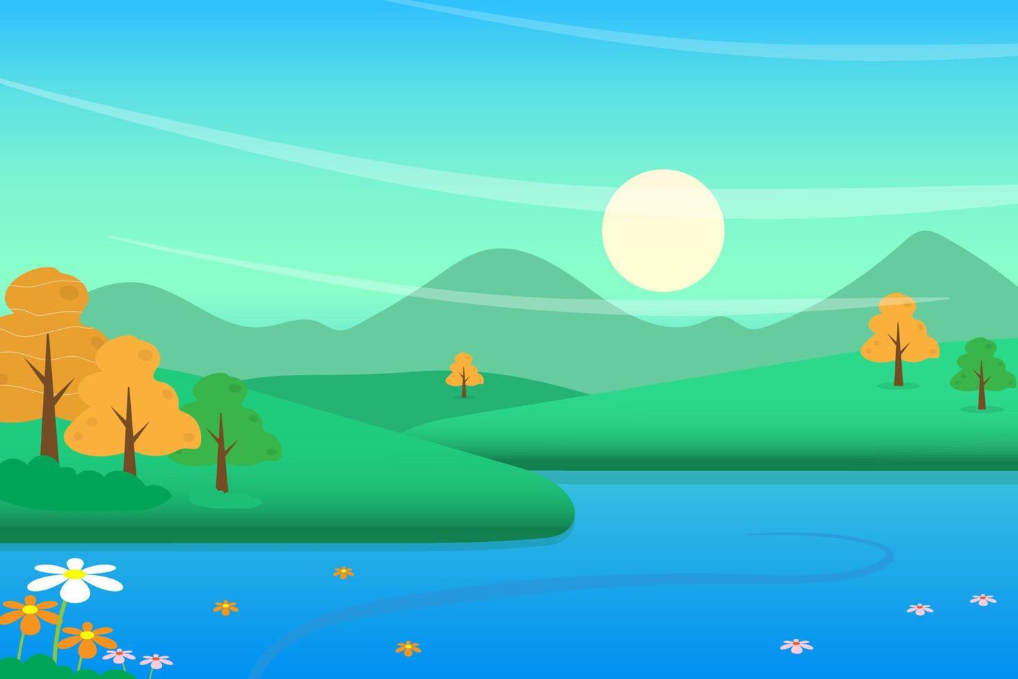 Vector illustration lake in nature and mountain with beautiful sunshine landscape