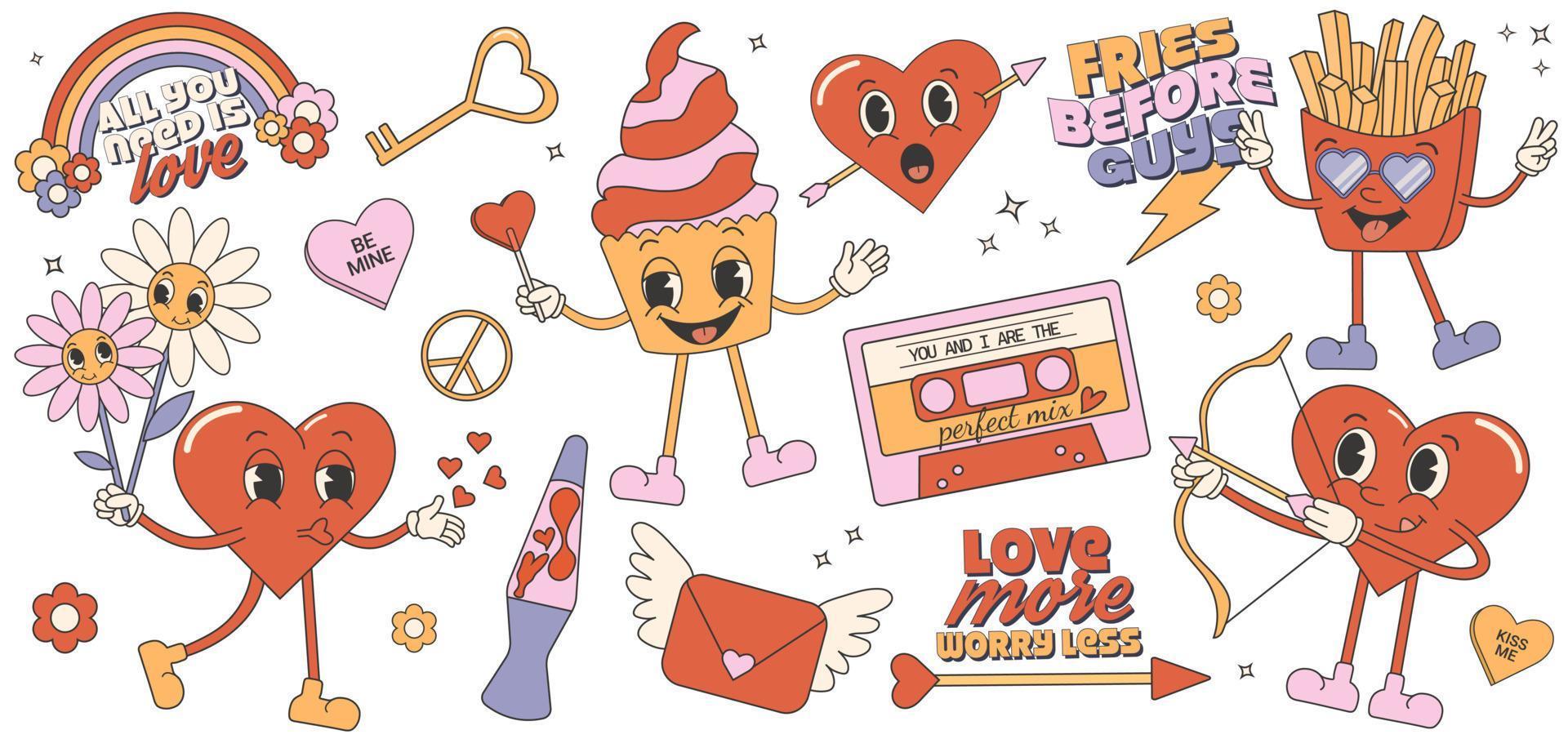 Trendy comic groovy valentines day sticker set. Retro valentines day. 70s 60s aesthetics. Vintage vector. vector