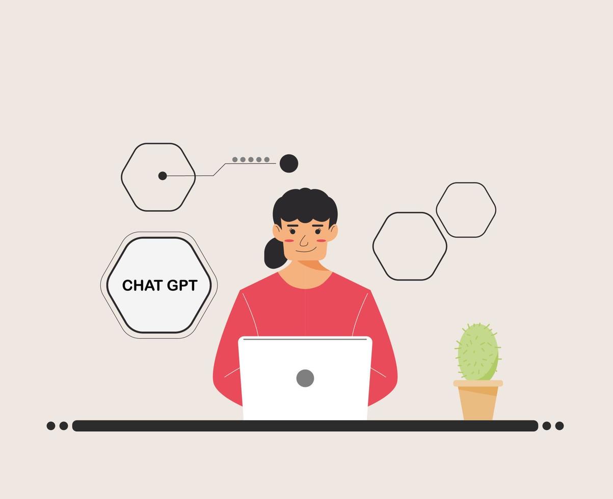 chat GPT women person use laptop digital. girl people search chat GPT AI, openAI, smart bot, workplace, technology background. vector illustration for artificial intelligence, infographic, web banner.