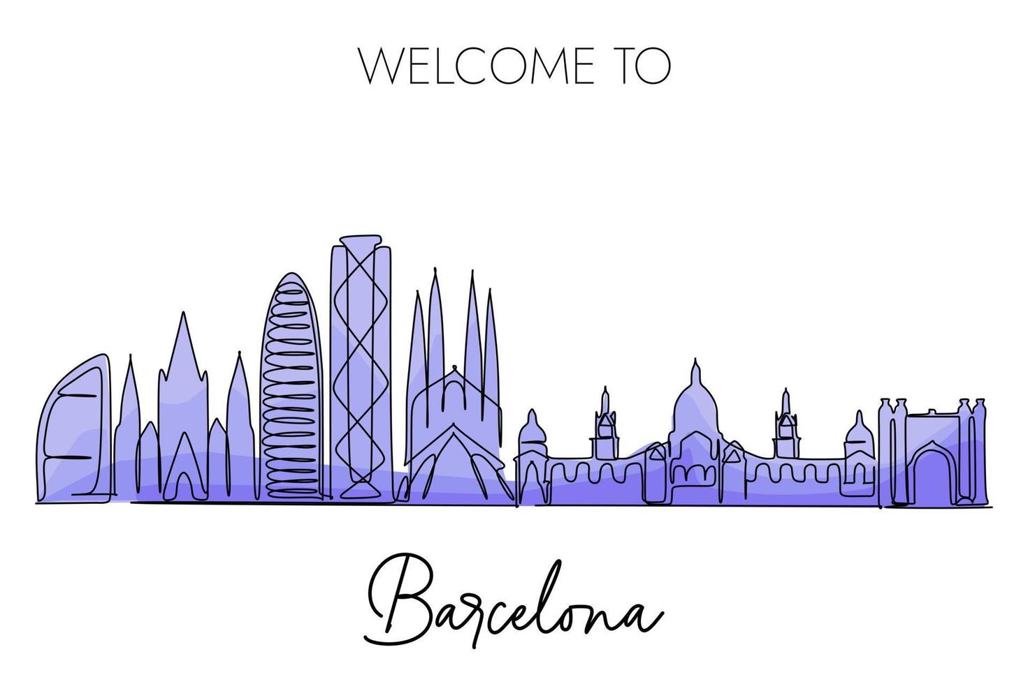 Barcelona skyline one continuous line drawing on white background, Hand drawn style design for travel and tourism illustration vector