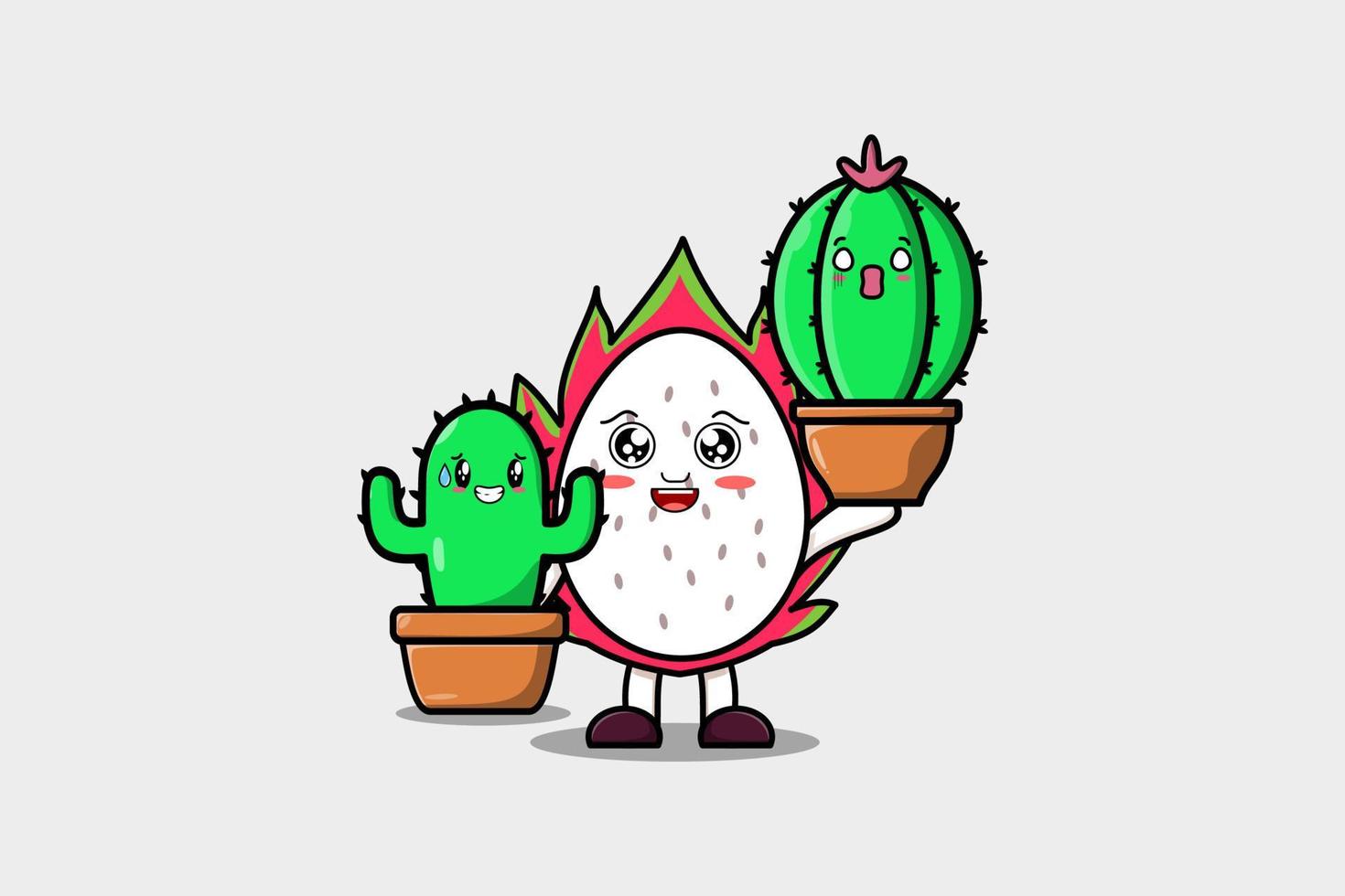 Cute dibujos animados dragón fruta sostener planta de cactus en maceta vector