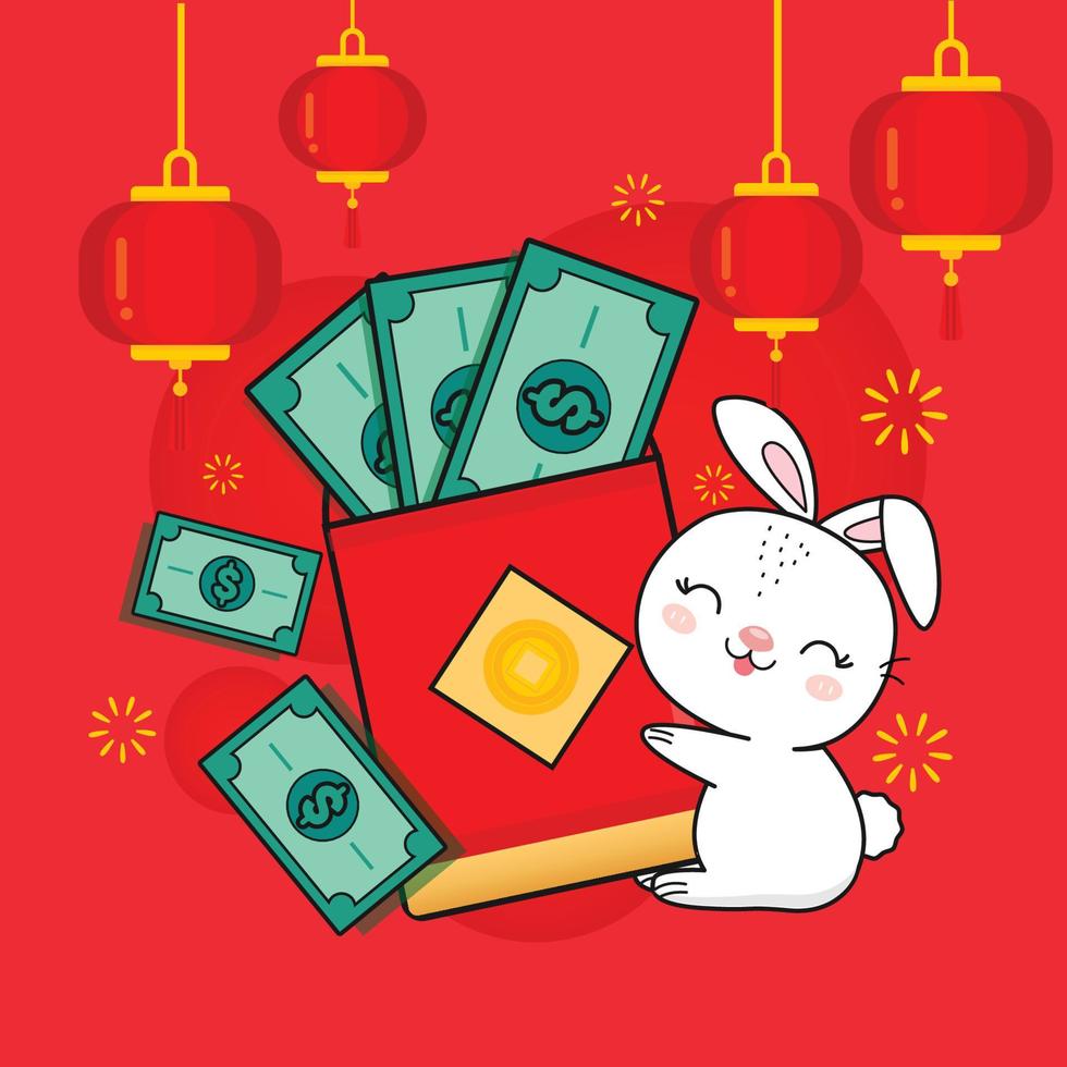 Chinese New Year 2023 Year of the Rabbit with wealth gold money. vector