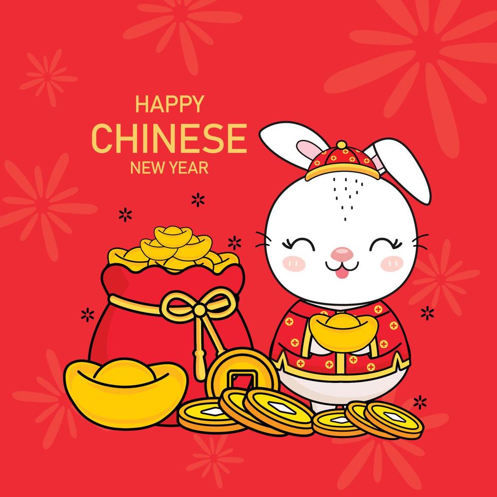 Chinese New Year 2023 Year of the Rabbit with wealth gold money. vector