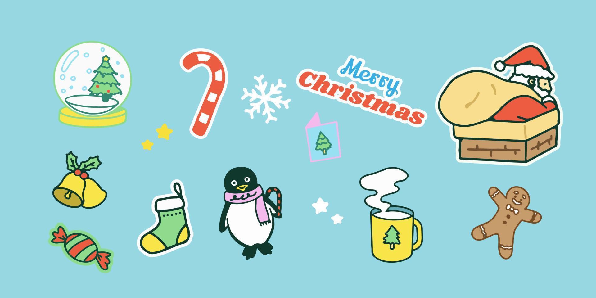 colección de adornos navideños, regalos navideños, ropa de lana de punto de invierno, pan de jengibre, árboles, regalos y pingüinos. ilustración de vector colorido en estilo de dibujos animados plana