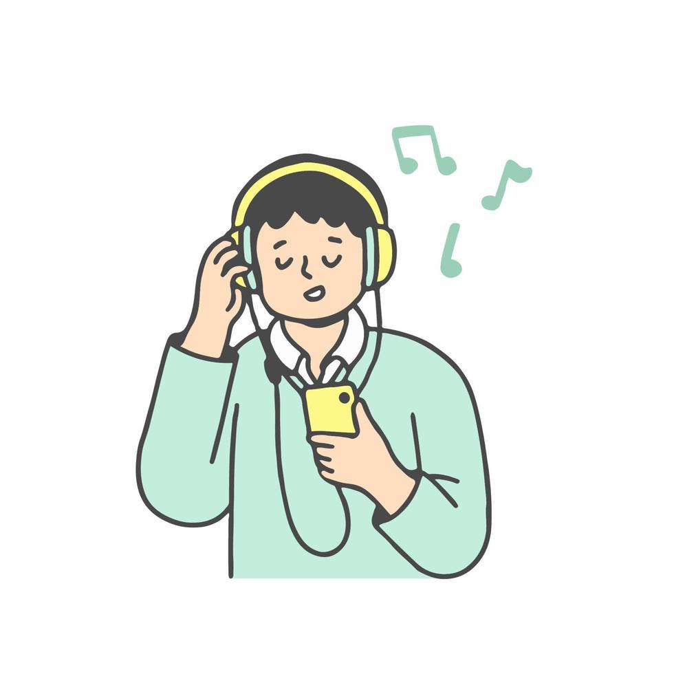 hombre feliz en auriculares escuchando música con aplicación de teléfono móvil. contorno doodle vector caracteres aislados en blanco