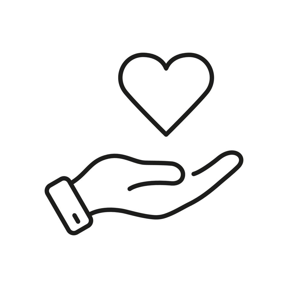 Human Hand and Heart Shape Line Icon. Love, Health, Charity, Care, Help Linear Pictogram. Peace and Friendship Outline Symbol. Emotional Support. Editable Stroke. Isolated Vector Illustration.