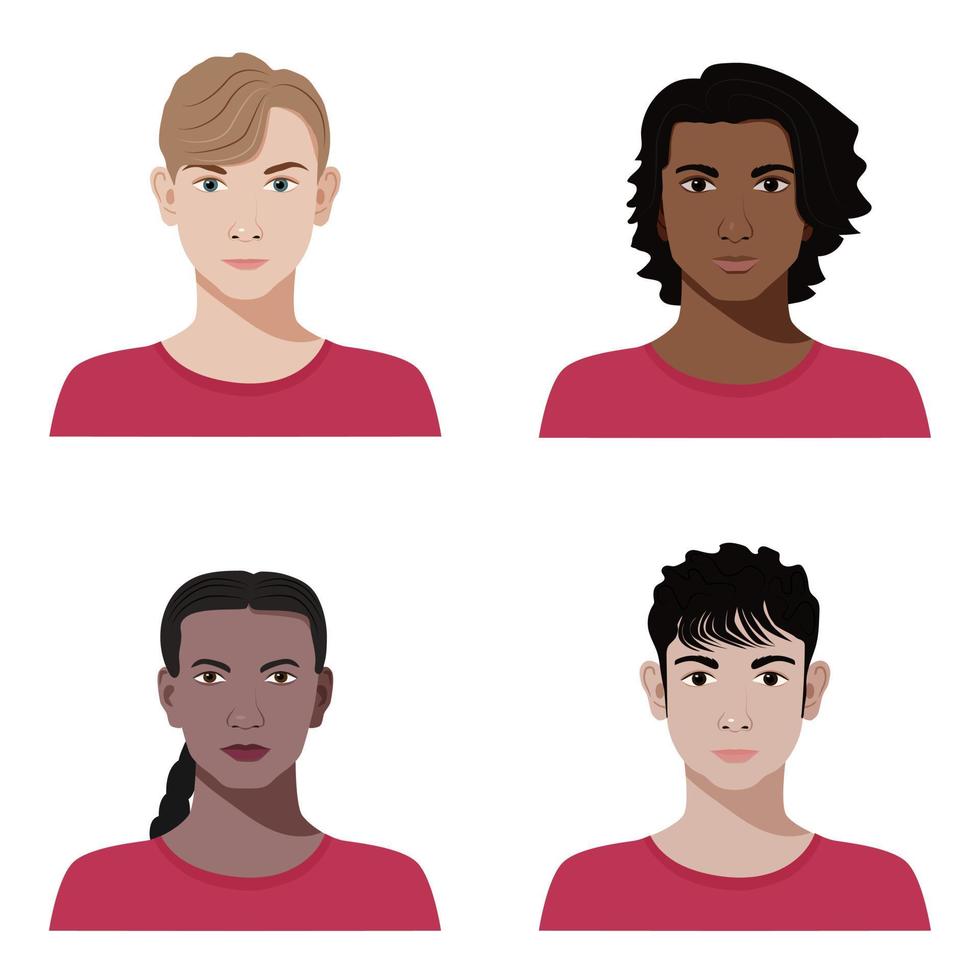 conjunto de iconos vectoriales adolescentes o estudiantes diversos con diferente color de piel en estilo plano realista. vector