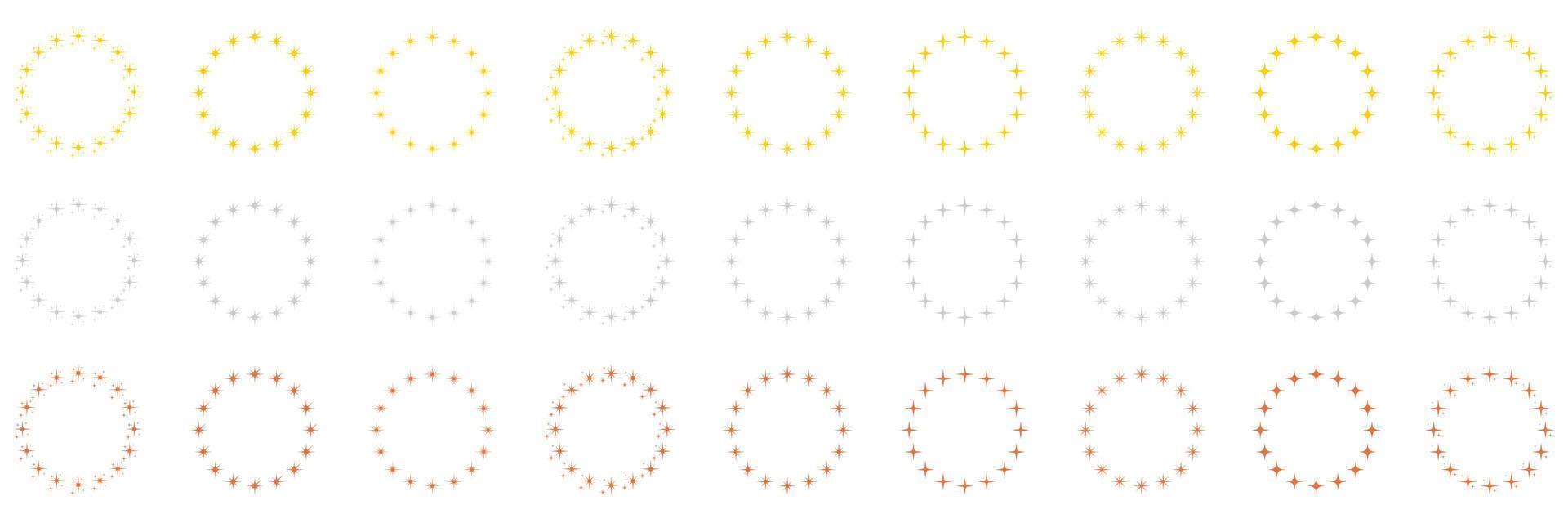 Stars in Circle Shape Silhouette Icon Set. Round Award Frame with Gold, Silver and Bronze Stars Pictogram. Circular Decor Ornament Icon on White Background. Isolated Vector Illustration.