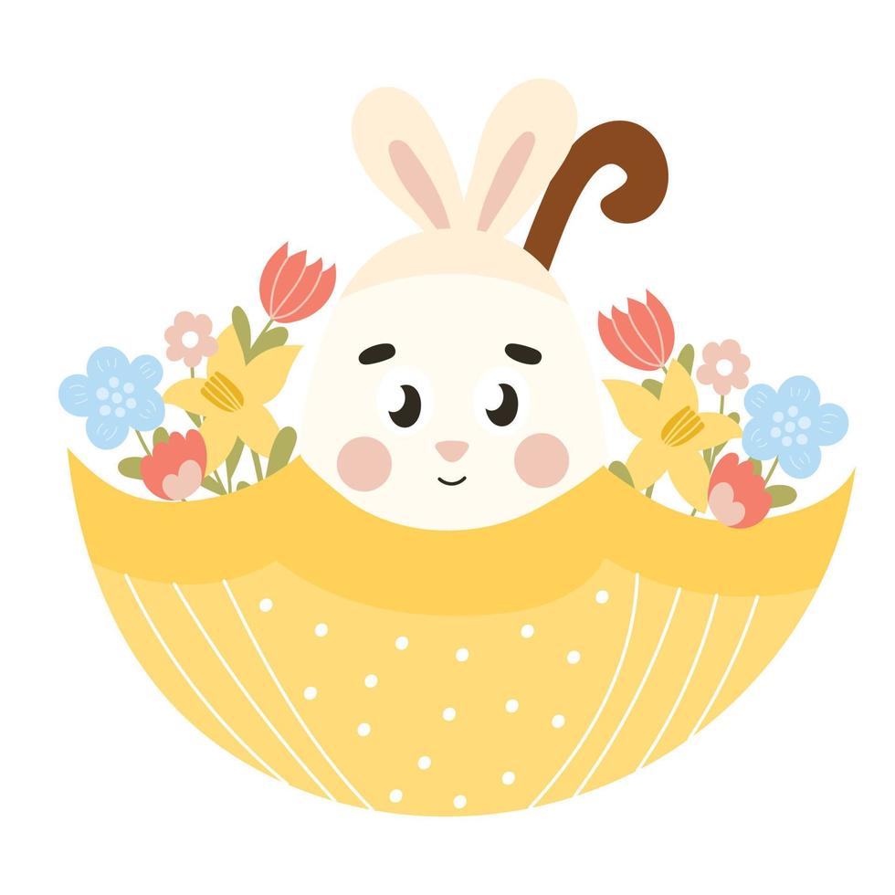 Cute Easter egg character with bunny ears in yellow umbrella with flowers vector