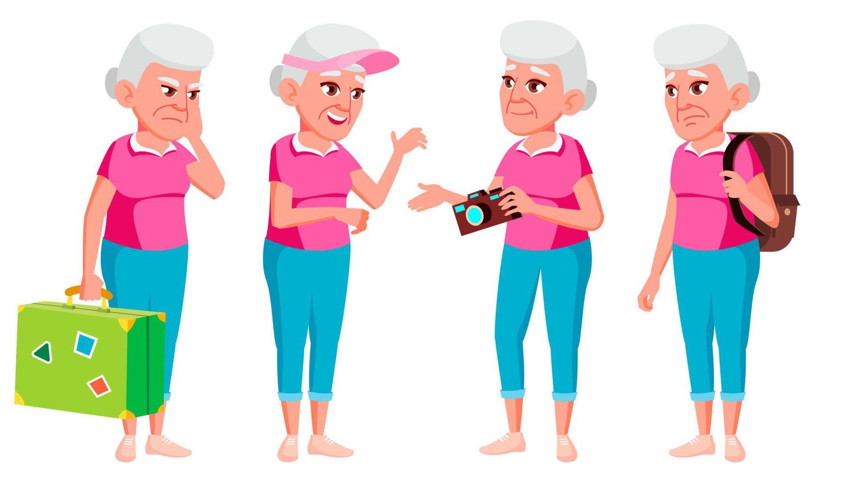 Old Woman Poses Set Vector. Elderly People. Senior Person. Aged. Tourist, Tourism. Active Grandparent. Joy. Presentation, Print, Invitation Design. Isolated Cartoon Illustration vector