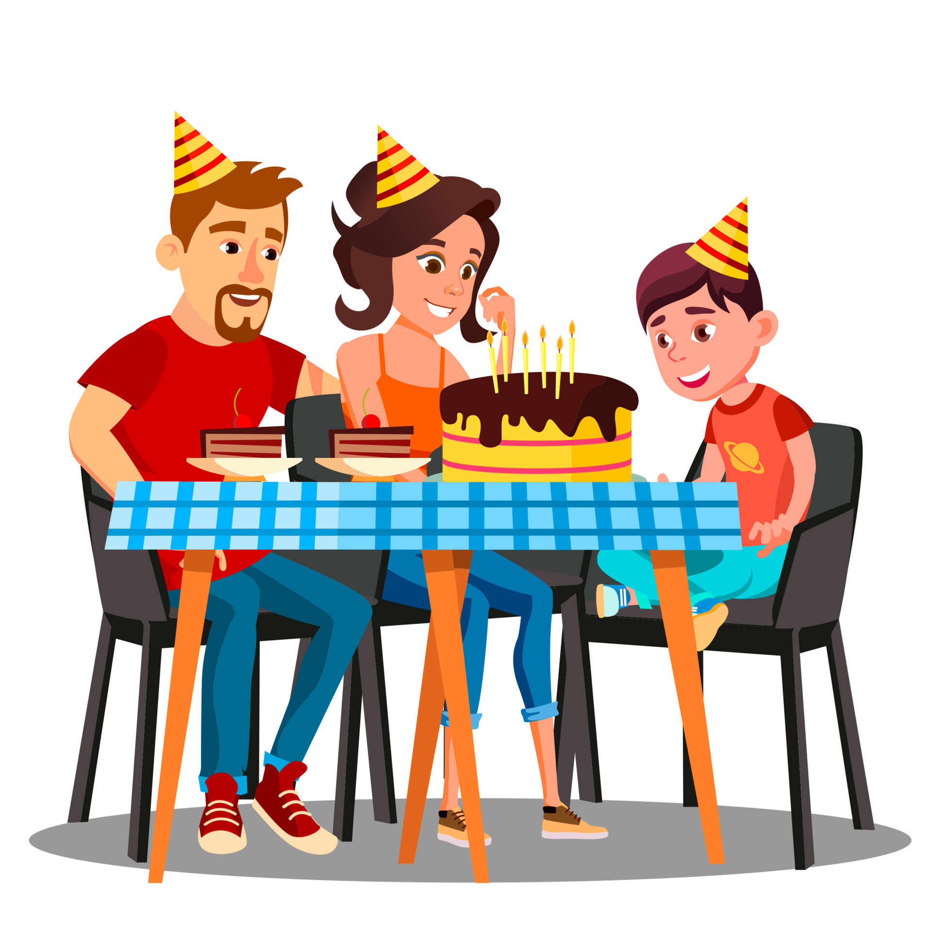 Birthday Of Child, Family Sitting At The Party Table With A Cake Vector