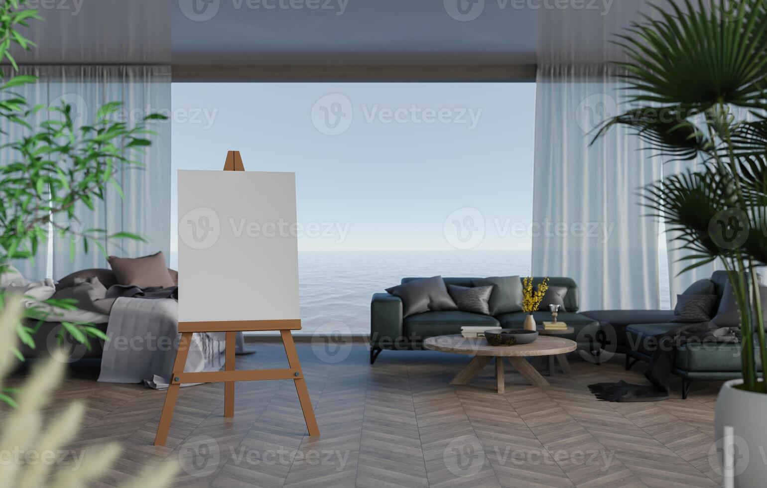 3D mockup blank canvas on Wooden easel in bedroom rendering photo