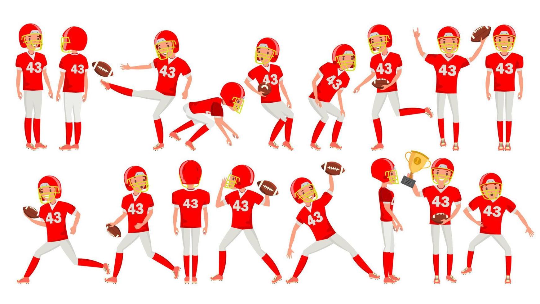 vector de jugador joven de fútbol americano. uniforme blanco rojo. partido de fútbol del estadio. hombre. ilustración de dibujos animados de atleta plana