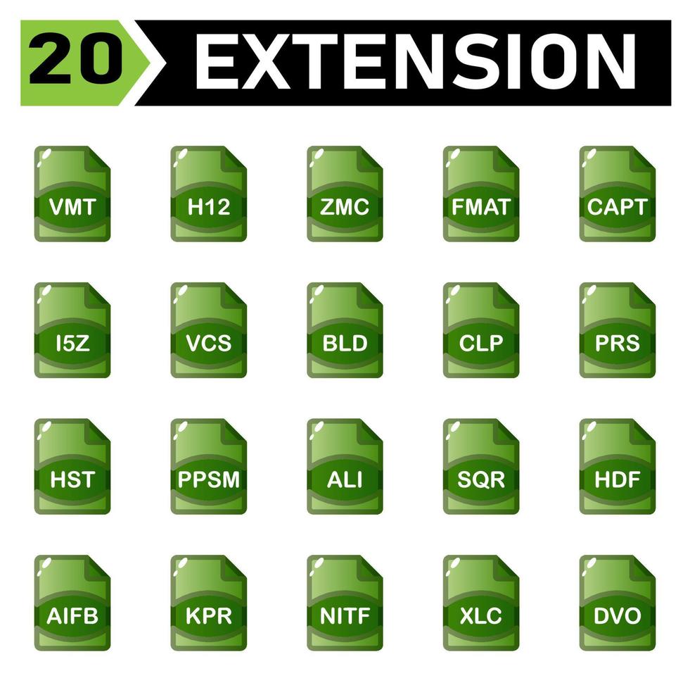 File Extension icon include vmt, h12, zmc, fmat, capt, i5z, vcs, bld, clp, prs, hst, ppsm, ali, sqr, hdf, aifb, kpr, nitf, xlc, dvo, file, format, extension, document, sign, vector