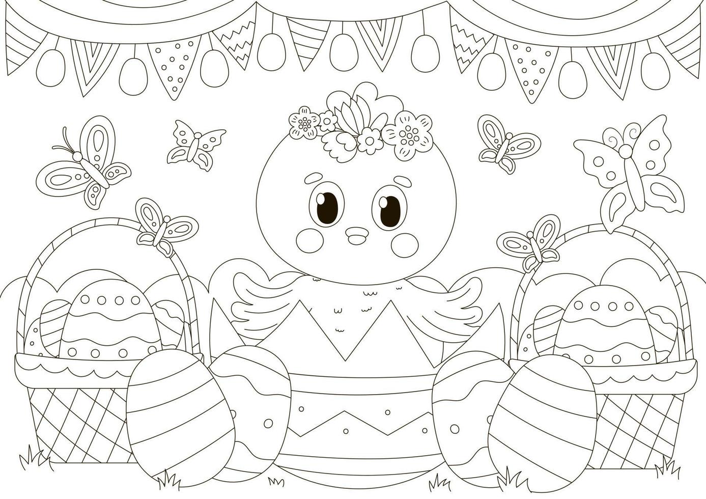 Cute coloring page for easter holidays with chick character in egg shell and baskets with eggs and flowers in scandinavian style vector