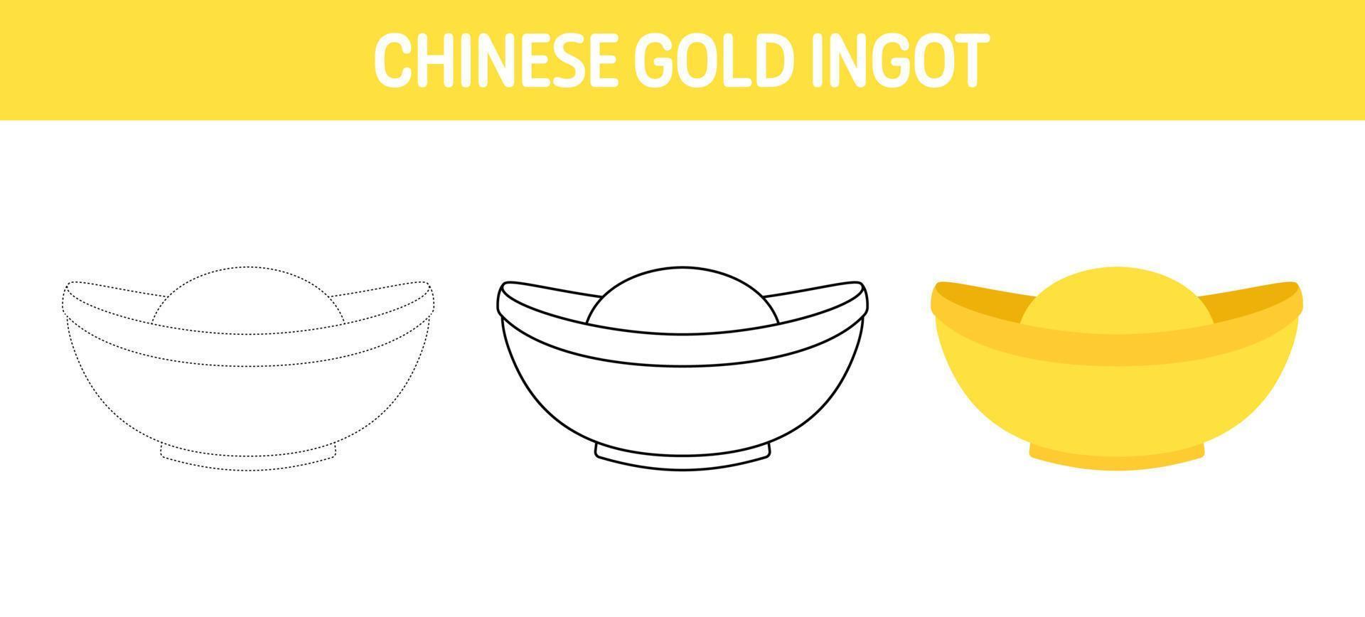 Chinese Gold Ingot tracing and coloring worksheet for kids vector