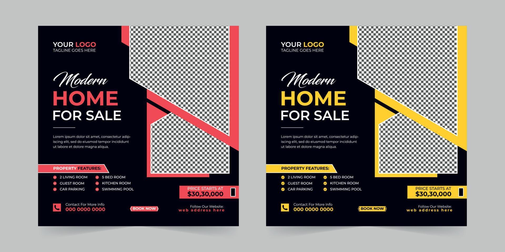 venta de casas de bienes raíces y publicidad de alquiler de casas banner de publicación de medios sociales cuadrado moderno para agencia de marketing digital, elegante diseño de plantilla de promoción de negocios corporativos vector