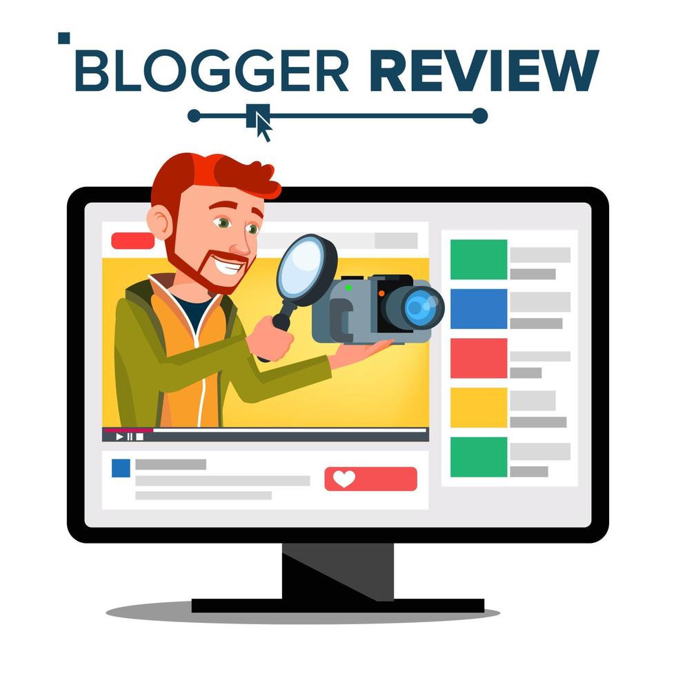 Testing Video Blogger Vector. Blog Channel. Man Popular Video Streamer Blogger. Review Concept. Online Live Broadcast. In Web Interface. Testing Functional With New Camera. Illustration vector