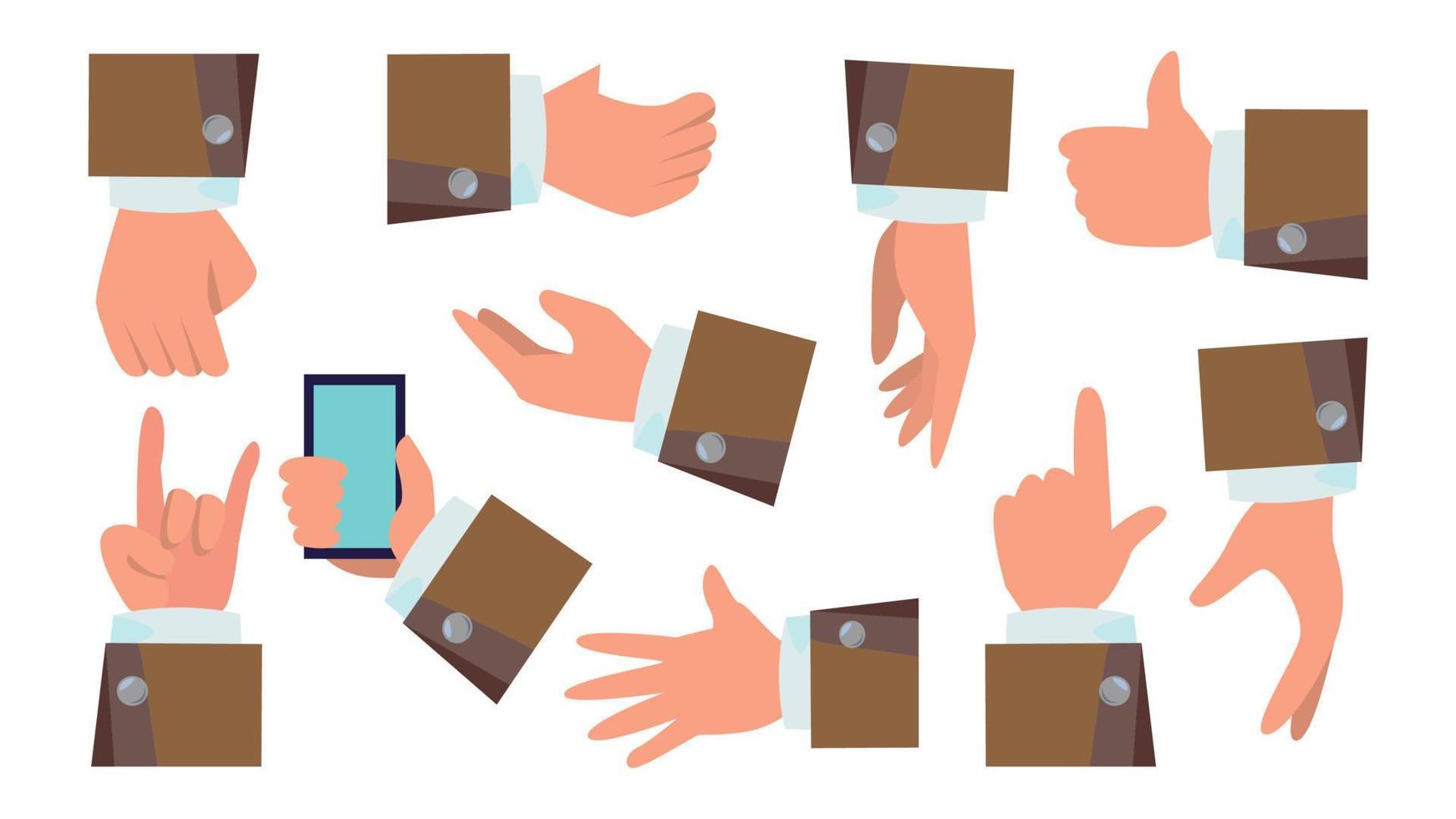 Hands Gestures Set Vector. Businessman Hands. Different Action Poses. Flat Cartoon Isolated Illustration vector
