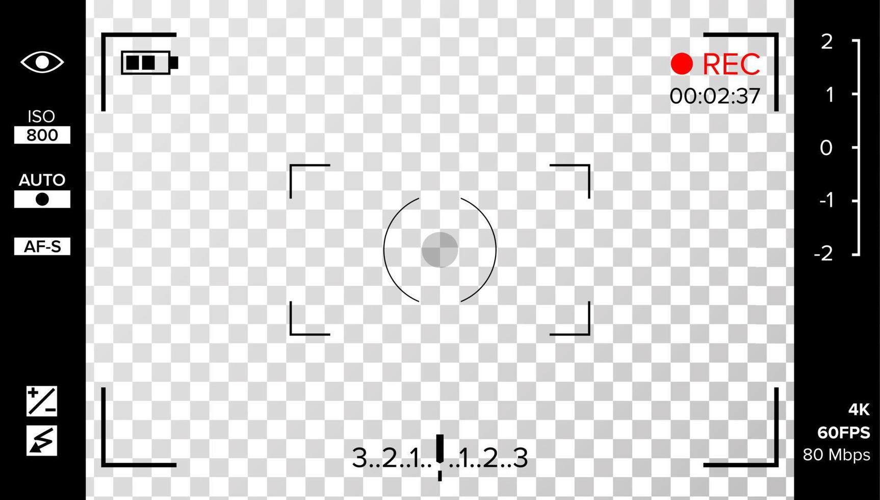 Camera Viewfinder Vector. Photo Or Video Camera Grid With Shooting Settings And Options On Screen. Recording Led Blinked. Realistic Corner Fall Off Background vector