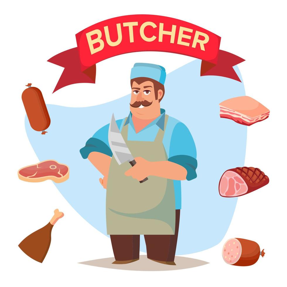 Professional Butcher Vector. Classic Butcher Man With Knife. Eco Farm Organic Market. For Storeroom Advertising. Cartoon Isolated Illustration. vector