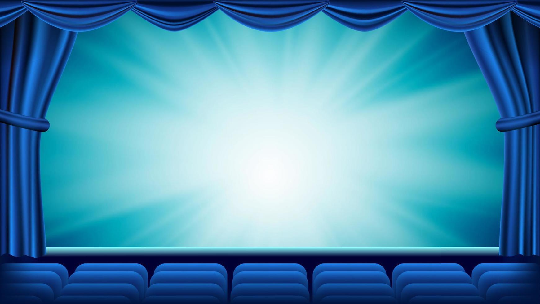 Blue Theater Curtain Vector. Theater, Opera Or Cinema Empty Silk Stage, Red Scene. Blue Background. Banner, Placard, Poster Template. Realistic Illustration vector