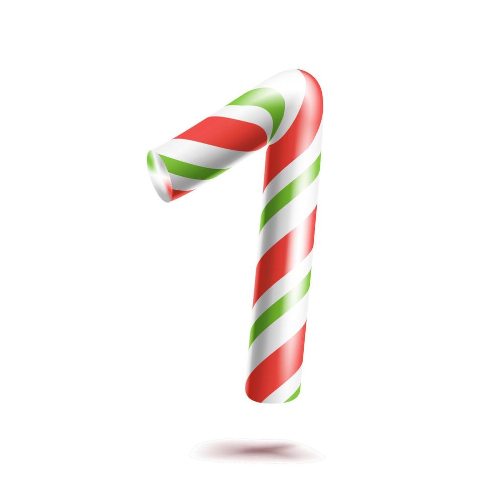 1, vector número uno. signo de número 3d. figura 1 en colores navideños. rayas rojas, blancas, verdes. Bastón de caramelo duro de menta de Navidad clásico. diseño de año nuevo. aislado en blanco ilustración