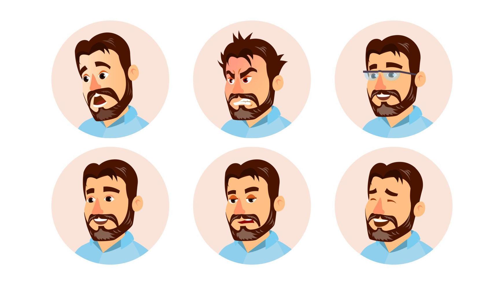 Boss Character Business People Avatar Vector. Modern Office Bearded Boss Man Face, Emotions Set. Creative Avatar Placeholder. Cartoon, Comic Art Illustration vector