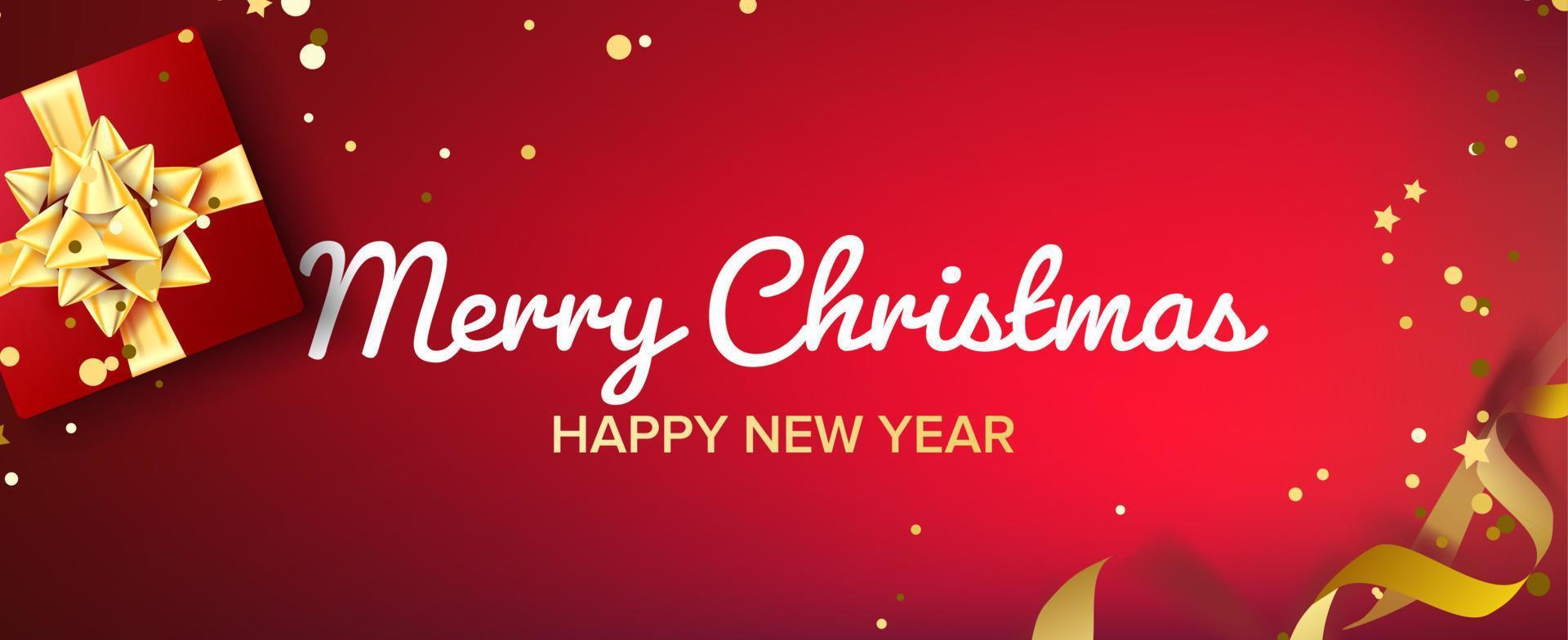 Merry Christmas Banner Vector. Gifts Box With Gold Bow. Red Horizontal Background Illustration vector