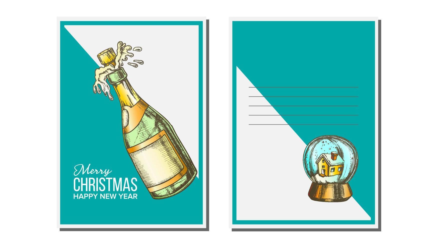 Christmas Greeting Card Vector. Champagne Bottle. Seasons. Winter Wishes. Holiday Concept. Hand Drawn Vintage Style Illustration vector