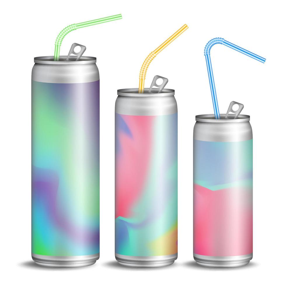 Realistic Metallic Can Vector. Soft Energy Drink. 3D Template Aluminium Cans. Colorful Drinking Straws. Different Types. Good For Branding Design. 500, 300, 250 ml. Isolated Illustration vector