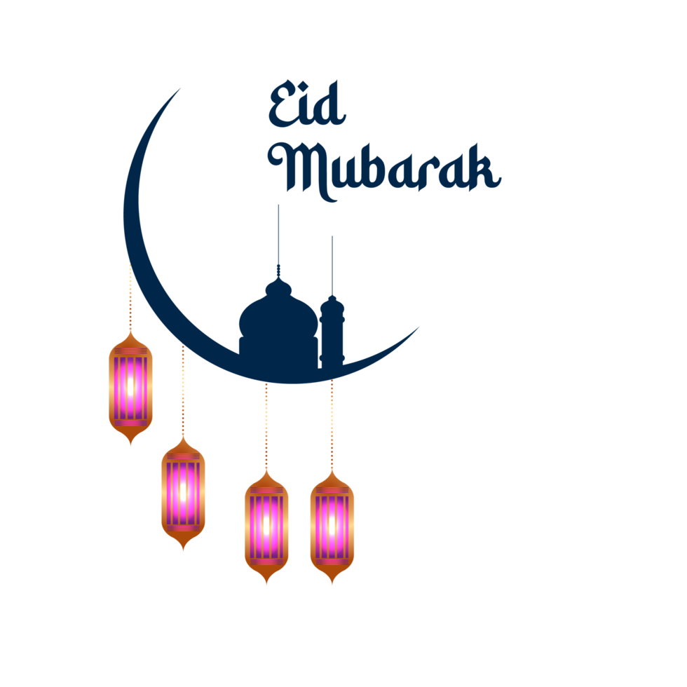 eid mubarak typography with mosque and lantern png